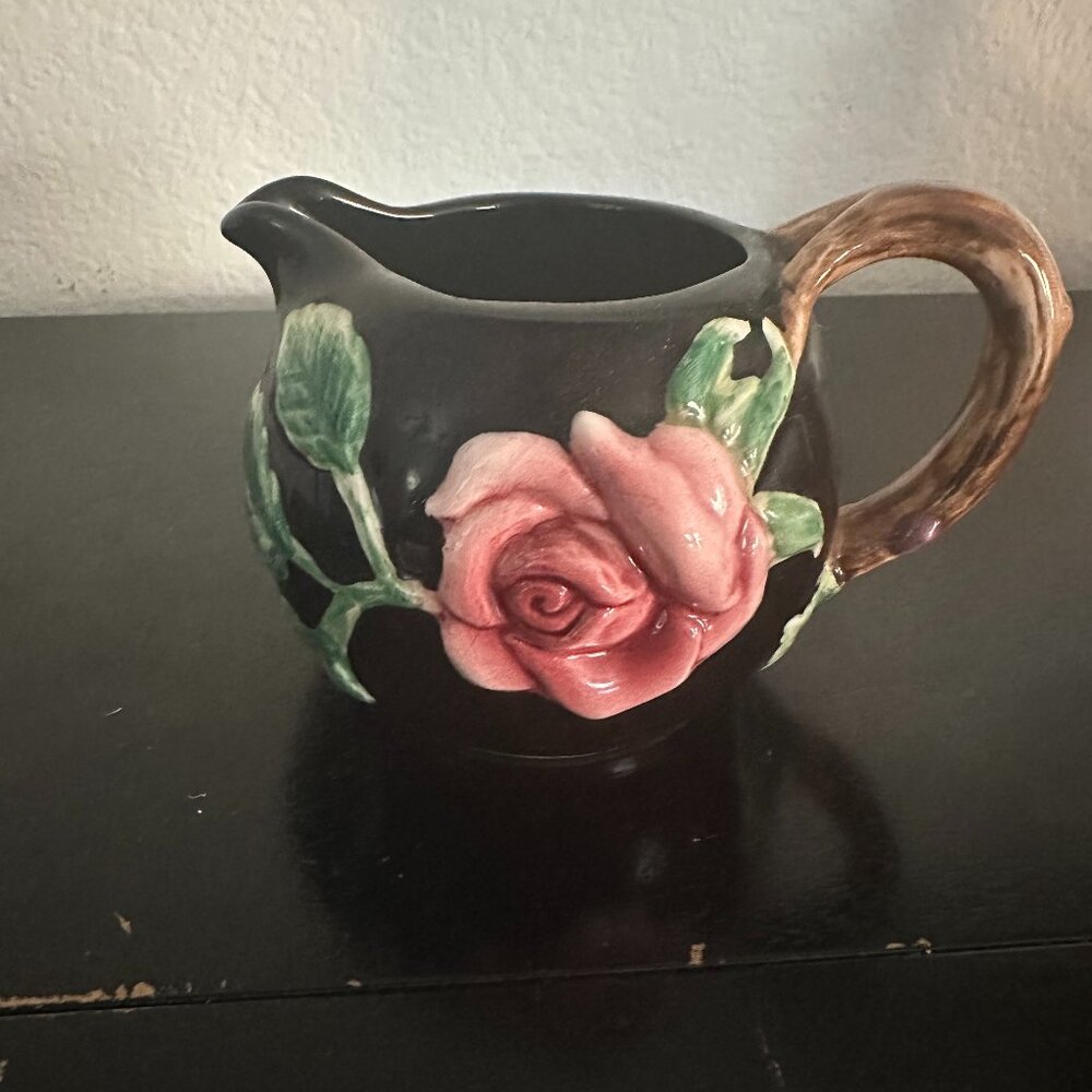 Vintage 1978 Fitz & Floyd Creamer Black With Pink Rose 3”